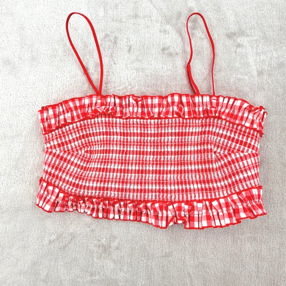 Colsie Red Gingham Smocked Ruffle Crop Top Adjustable Straps Womens Large
